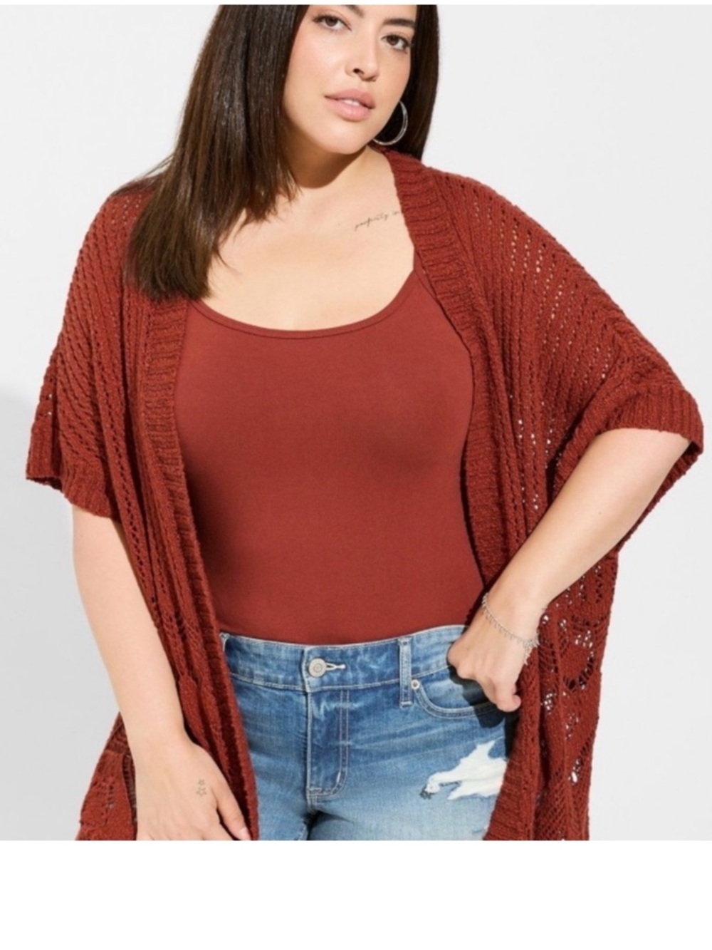 Torrid Chestnut Brown Open Stitch Crochet Cardigan Sweater